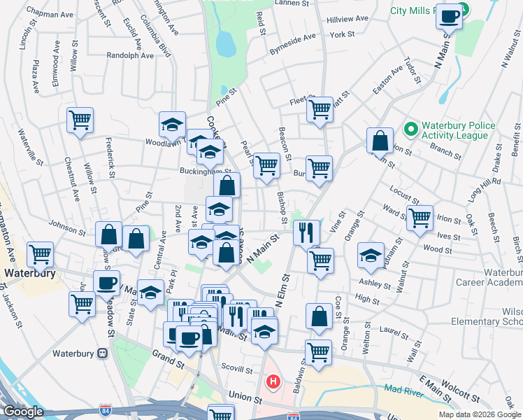 map of restaurants, bars, coffee shops, grocery stores, and more near 2 Pearl Street in Waterbury