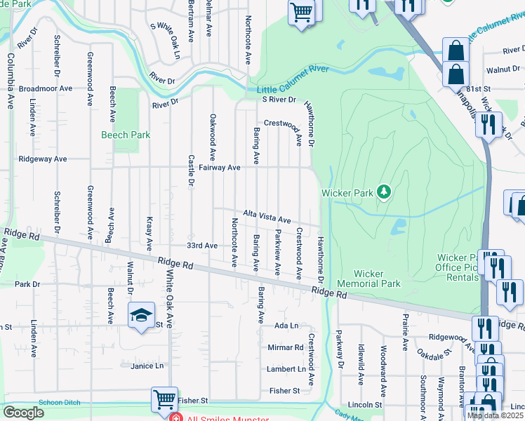 map of restaurants, bars, coffee shops, grocery stores, and more near 1820 Alta Vista Avenue in Munster