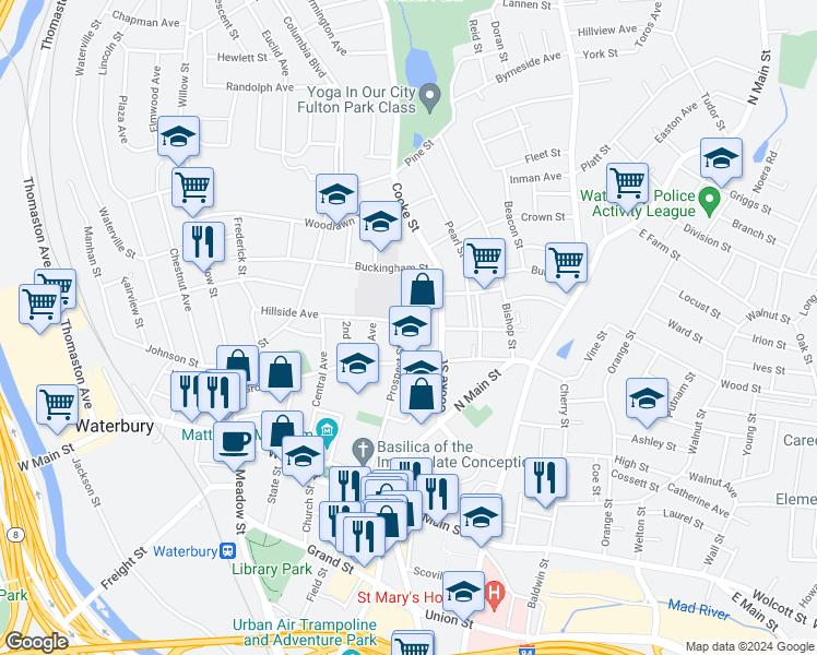 map of restaurants, bars, coffee shops, grocery stores, and more near 160 Prospect Street in Waterbury