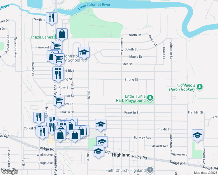 map of restaurants, bars, coffee shops, grocery stores, and more near 8348 Delaware Place in Highland