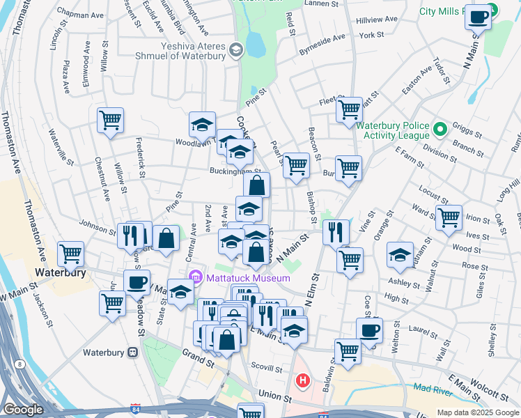 map of restaurants, bars, coffee shops, grocery stores, and more near 96 Grove Street in Waterbury