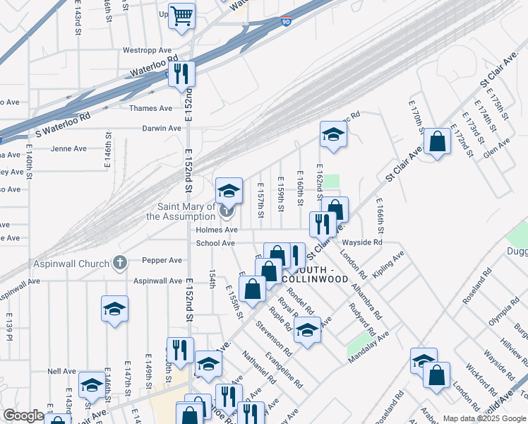 map of restaurants, bars, coffee shops, grocery stores, and more near 15621 Holmes Avenue in Cleveland