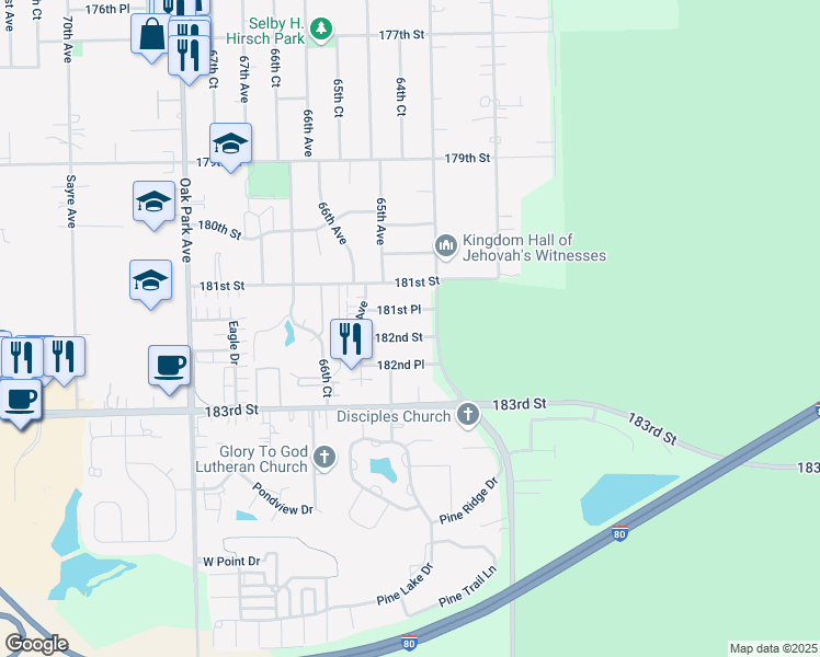 map of restaurants, bars, coffee shops, grocery stores, and more near 6425 182nd Street in Tinley Park
