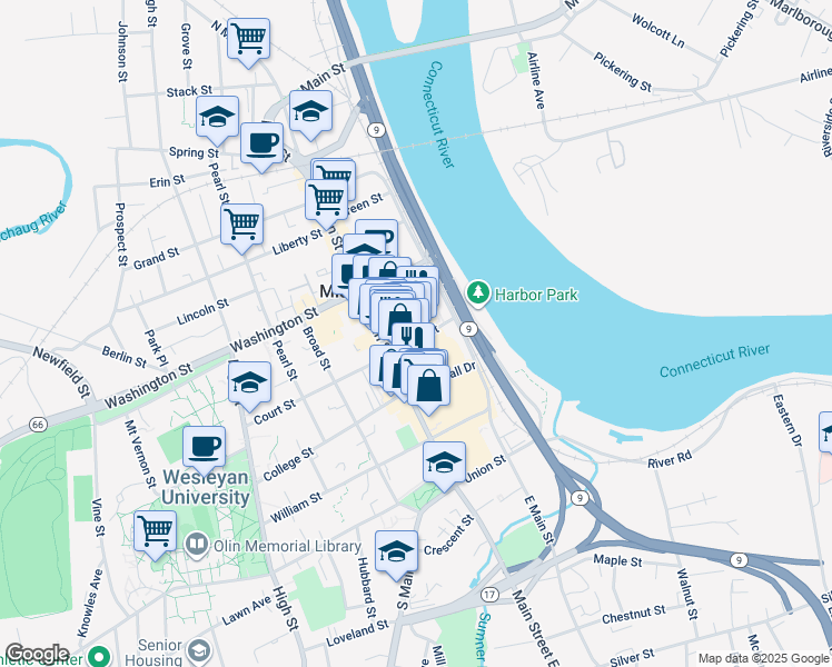 map of restaurants, bars, coffee shops, grocery stores, and more near 222 Main Street in Middletown
