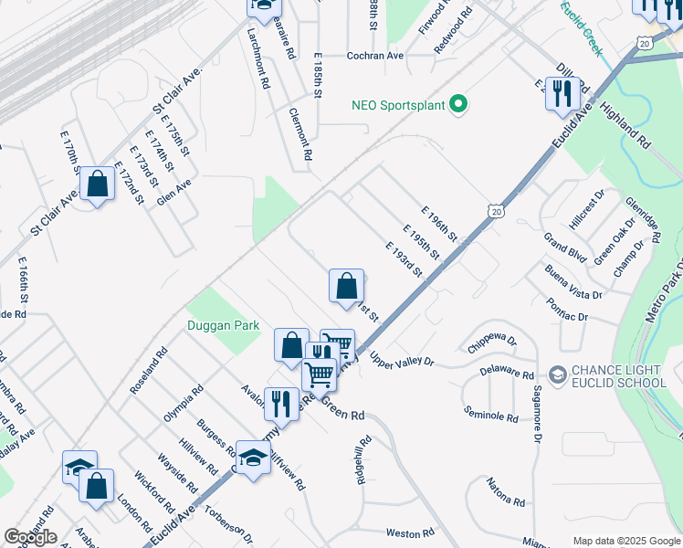 map of restaurants, bars, coffee shops, grocery stores, and more near 1501 East 191st Street in Euclid