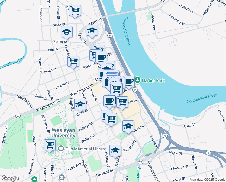 map of restaurants, bars, coffee shops, grocery stores, and more near 315 Main Street in Middletown