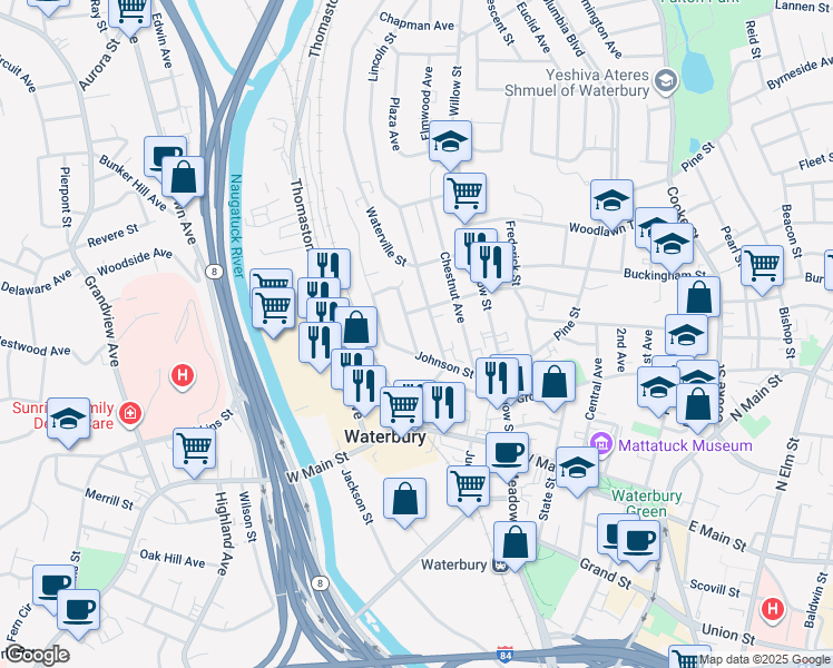 map of restaurants, bars, coffee shops, grocery stores, and more near in Waterbury