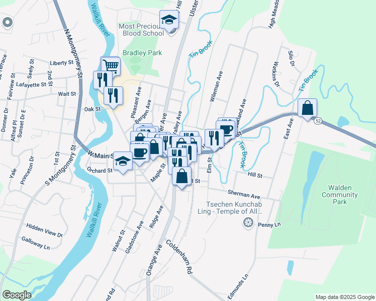 map of restaurants, bars, coffee shops, grocery stores, and more near 35 East Main Street in Walden