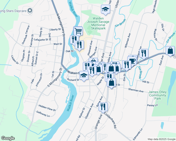 map of restaurants, bars, coffee shops, grocery stores, and more near 11 Walnut Street in Walden