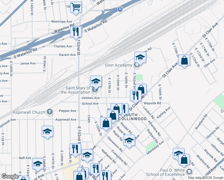map of restaurants, bars, coffee shops, grocery stores, and more near 15621 Holmes Avenue in Cleveland