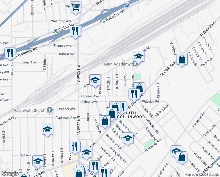 map of restaurants, bars, coffee shops, grocery stores, and more near 15621 Holmes Avenue in Cleveland