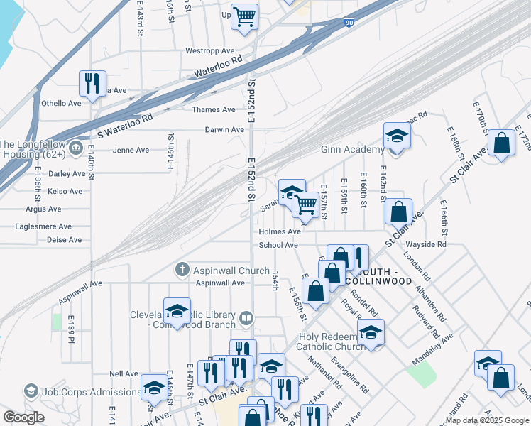 map of restaurants, bars, coffee shops, grocery stores, and more near 15307 Holmes Avenue in Cleveland