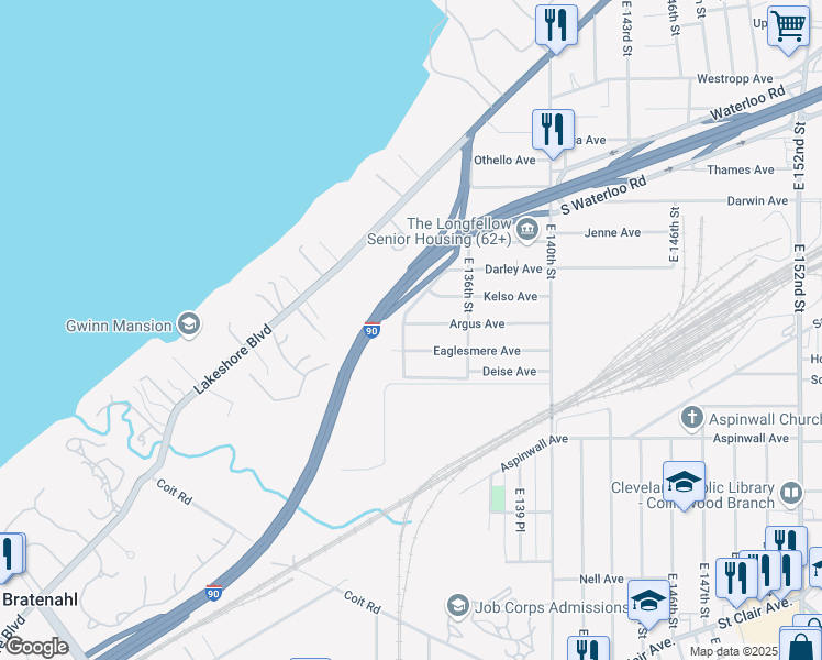 map of restaurants, bars, coffee shops, grocery stores, and more near 13300 Eaglesmere Avenue in Cleveland