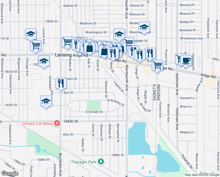 map of restaurants, bars, coffee shops, grocery stores, and more near 3435 Ann Street in Lansing