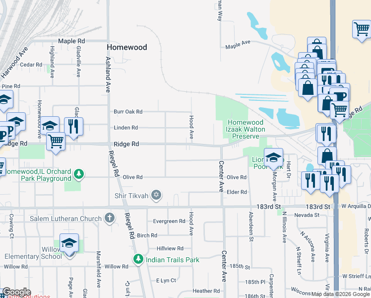 map of restaurants, bars, coffee shops, grocery stores, and more near 1328 Hickory Road in Homewood