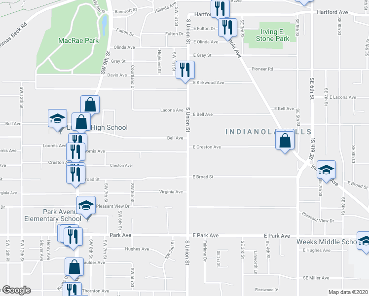 map of restaurants, bars, coffee shops, grocery stores, and more near 2704 South Union Street in Des Moines