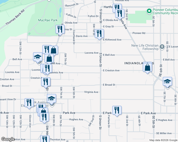 map of restaurants, bars, coffee shops, grocery stores, and more near 216 Loomis Avenue in Des Moines