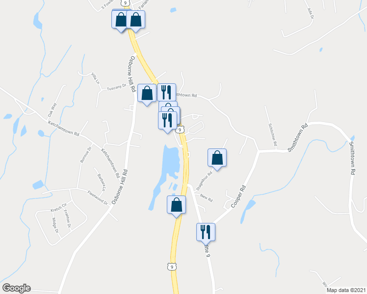 map of restaurants, bars, coffee shops, grocery stores, and more near 1490 Route 9 in Fishkill