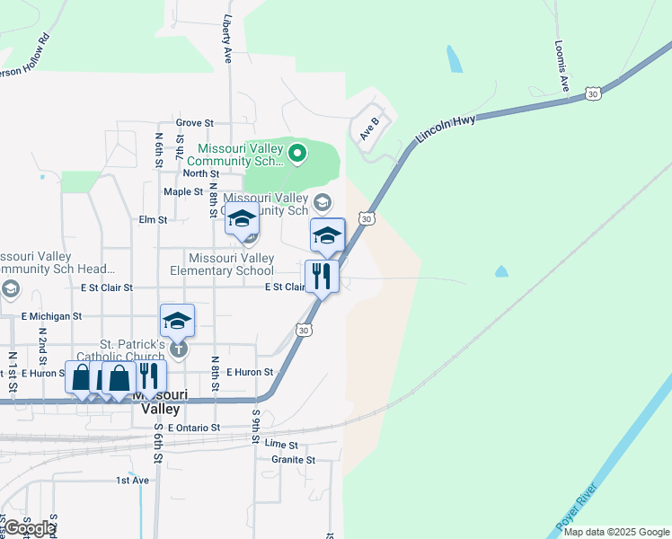map of restaurants, bars, coffee shops, grocery stores, and more near 605 East Lincoln Highway in Missouri Valley