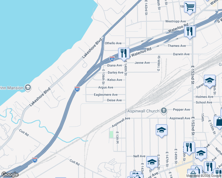 map of restaurants, bars, coffee shops, grocery stores, and more near 13612 Eaglesmere Avenue in Cleveland