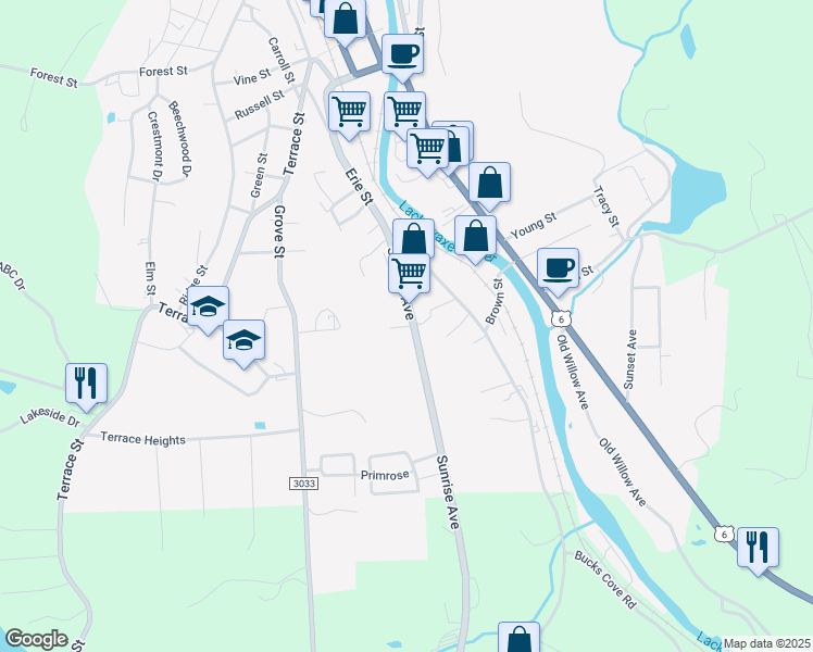 map of restaurants, bars, coffee shops, grocery stores, and more near 205 Water Street in Honesdale