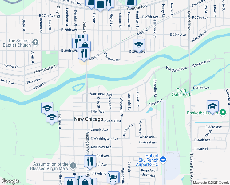 map of restaurants, bars, coffee shops, grocery stores, and more near 416 Van Buren Avenue in New Chicago