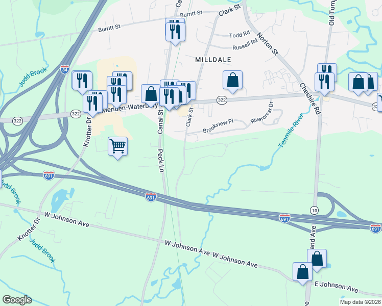 map of restaurants, bars, coffee shops, grocery stores, and more near Dickerman Road in Cheshire