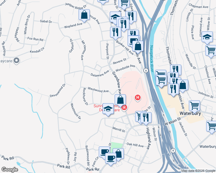 map of restaurants, bars, coffee shops, grocery stores, and more near 60 Westwood Avenue in Waterbury