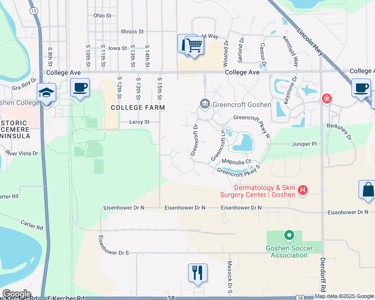 map of restaurants, bars, coffee shops, grocery stores, and more near 1325 Greencroft Drive in Goshen