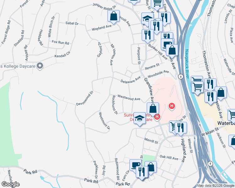 map of restaurants, bars, coffee shops, grocery stores, and more near 140 Westwood Avenue in Waterbury