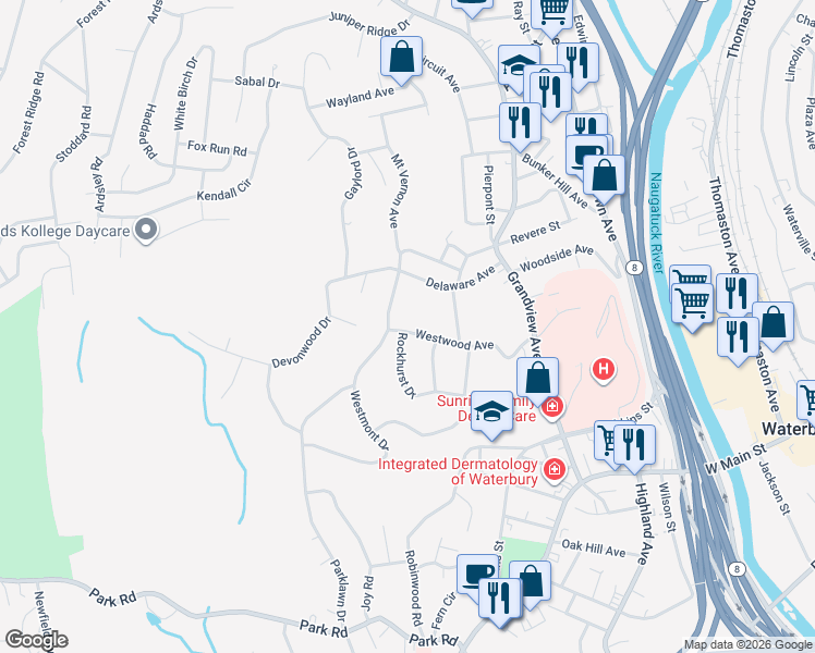 map of restaurants, bars, coffee shops, grocery stores, and more near 129 Westwood Avenue in Waterbury