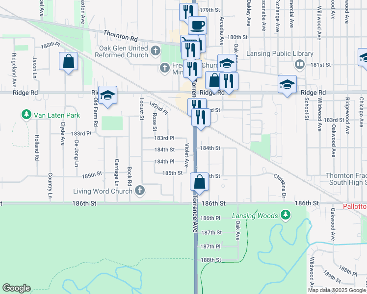 map of restaurants, bars, coffee shops, grocery stores, and more near 2356 184th Street in Lansing