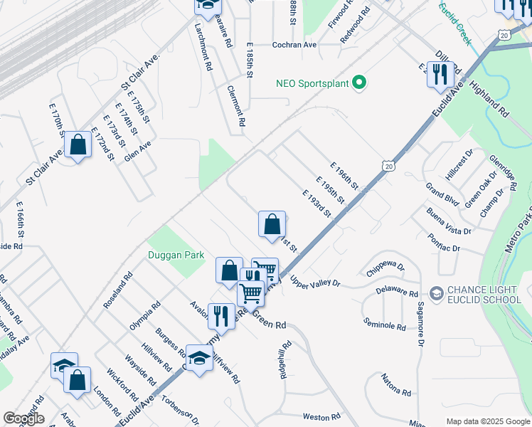 map of restaurants, bars, coffee shops, grocery stores, and more near 1491 East 191st Street in Euclid