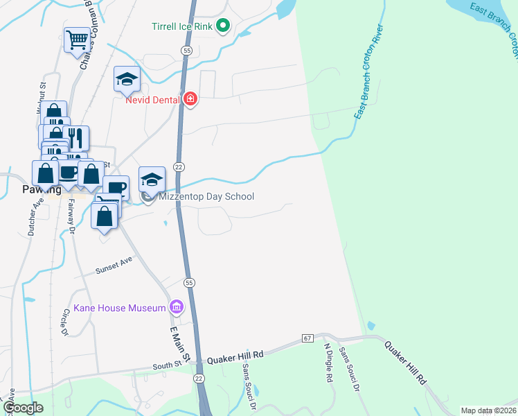 map of restaurants, bars, coffee shops, grocery stores, and more near 22 Oak Shadow Lane in Pawling