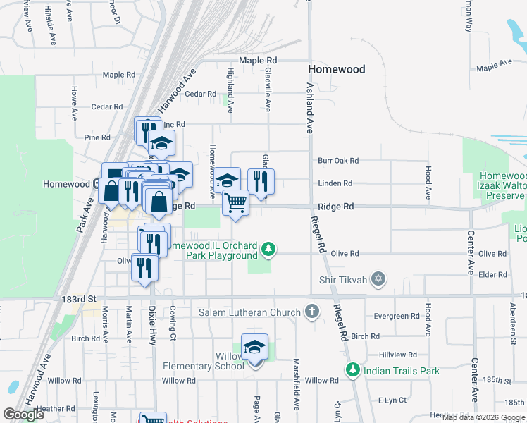 map of restaurants, bars, coffee shops, grocery stores, and more near 1711 Ridge Road in Homewood