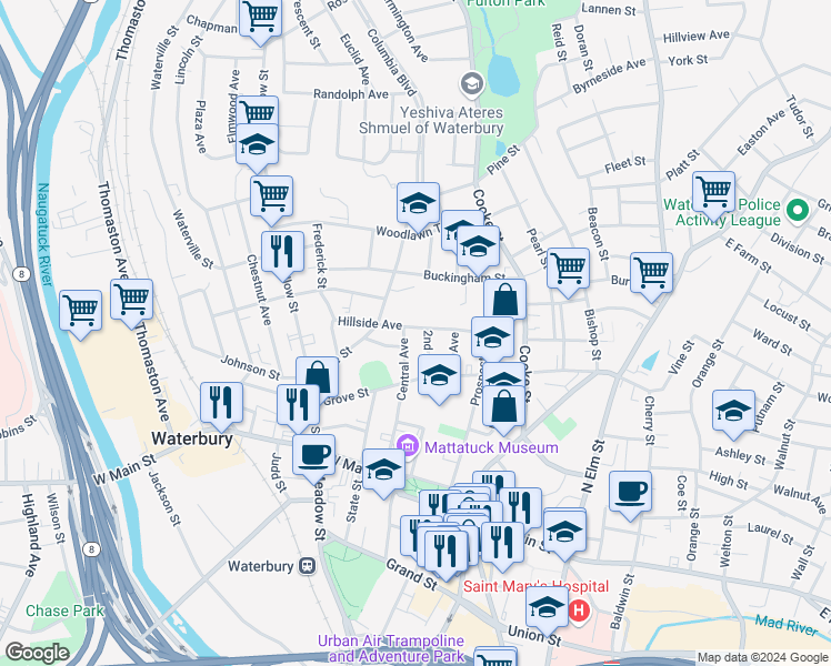 map of restaurants, bars, coffee shops, grocery stores, and more near 71 Hillside Avenue in Waterbury