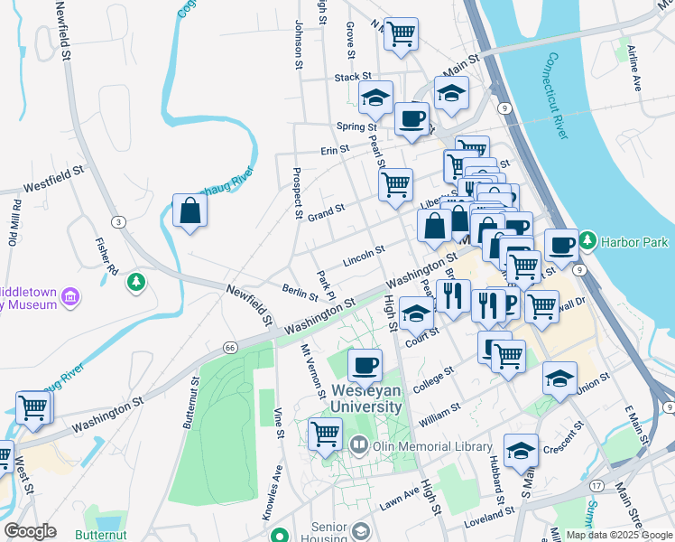 map of restaurants, bars, coffee shops, grocery stores, and more near 16 Park Place in Middletown