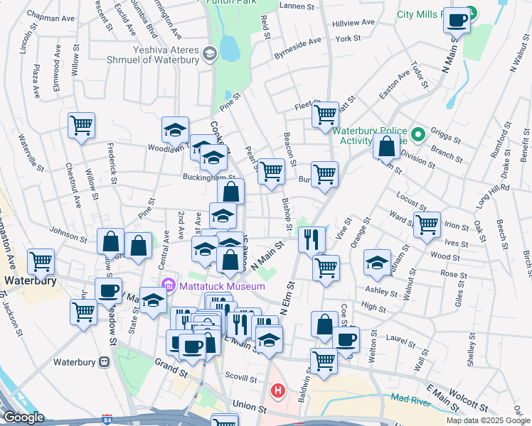 map of restaurants, bars, coffee shops, grocery stores, and more near 88 Cooke Street in Waterbury