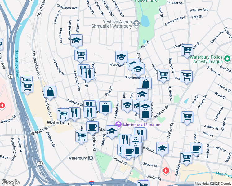 map of restaurants, bars, coffee shops, grocery stores, and more near 2 Glenridge Street in Waterbury