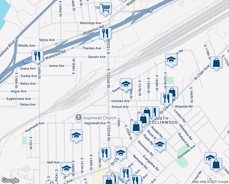 map of restaurants, bars, coffee shops, grocery stores, and more near 15307 Holmes Avenue in Cleveland