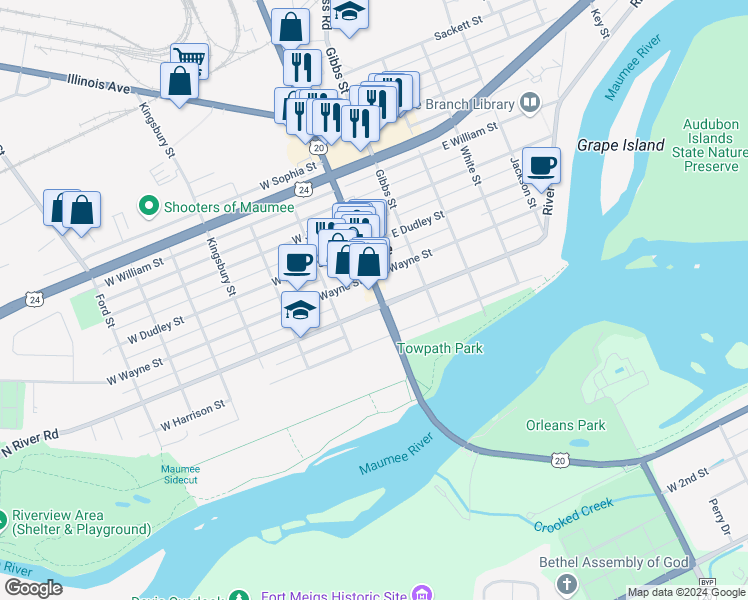 map of restaurants, bars, coffee shops, grocery stores, and more near 104 West Broadway Street in Maumee