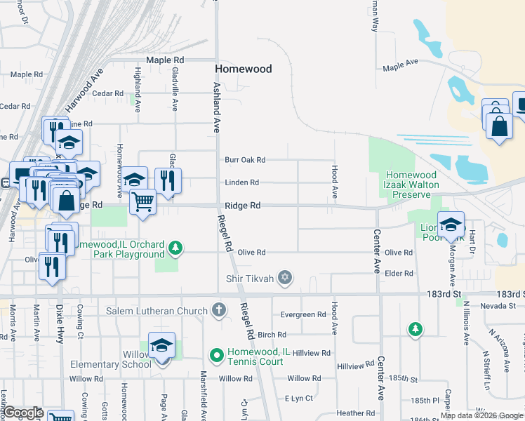 map of restaurants, bars, coffee shops, grocery stores, and more near 1463 Ridge Road in Homewood