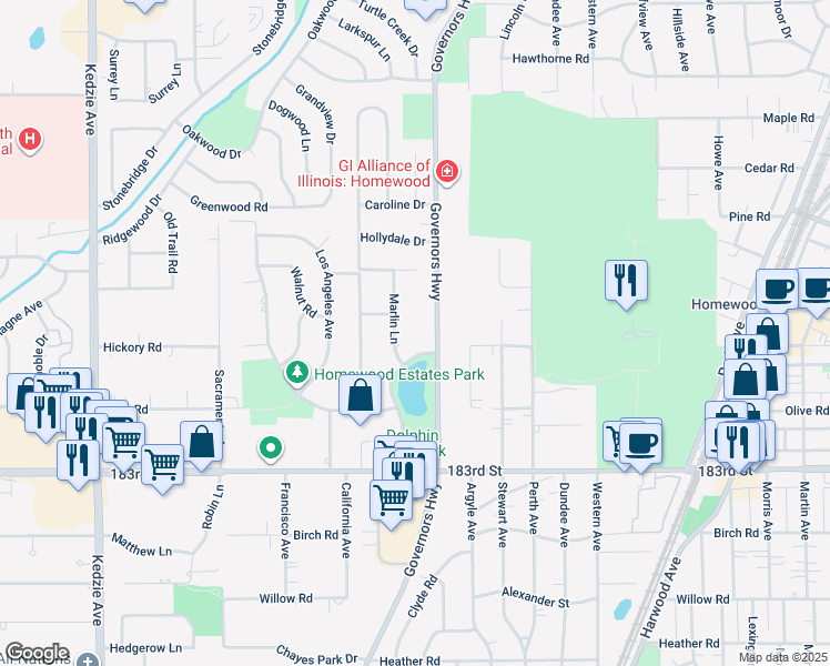 map of restaurants, bars, coffee shops, grocery stores, and more near 18118 Marlin Lane in Homewood