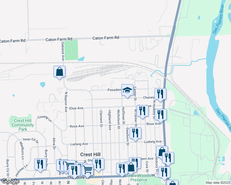 map of restaurants, bars, coffee shops, grocery stores, and more near 509 Chaney Avenue in Crest Hill