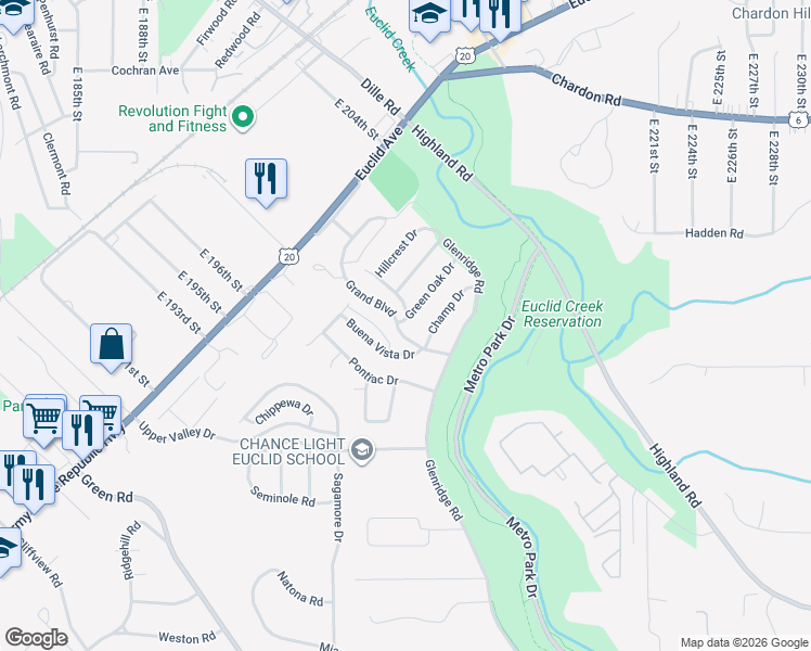 map of restaurants, bars, coffee shops, grocery stores, and more near 1860 Grand Boulevard in Euclid