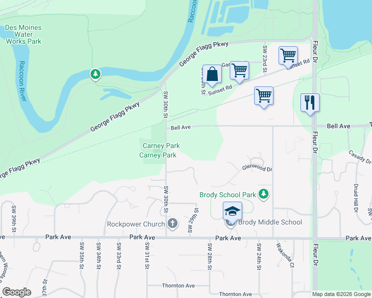 map of restaurants, bars, coffee shops, grocery stores, and more near 2829 Finches Lane in Des Moines