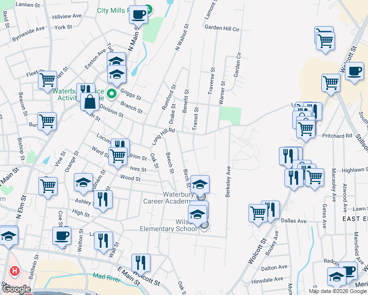 map of restaurants, bars, coffee shops, grocery stores, and more near 69 Birch Street in Waterbury