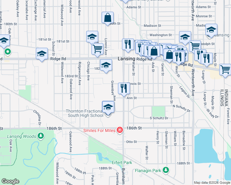 map of restaurants, bars, coffee shops, grocery stores, and more near 1 Ann Street in Lansing