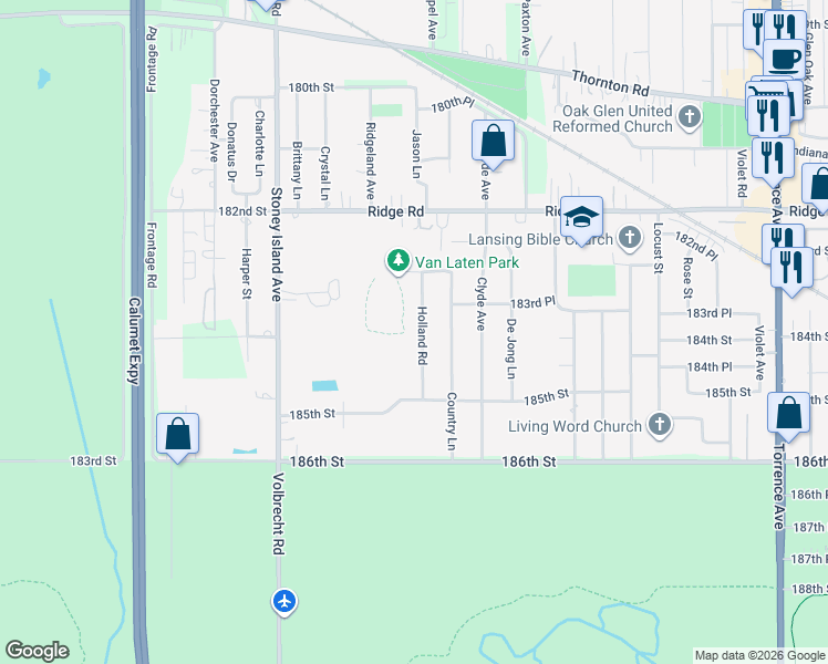 map of restaurants, bars, coffee shops, grocery stores, and more near 18416 Holland Road in Lansing