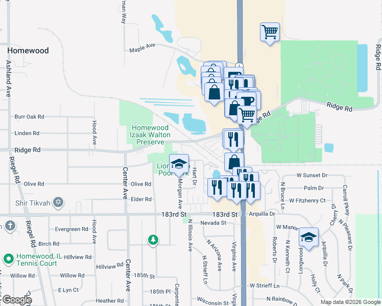 map of restaurants, bars, coffee shops, grocery stores, and more near 18223 Hart Drive in Homewood